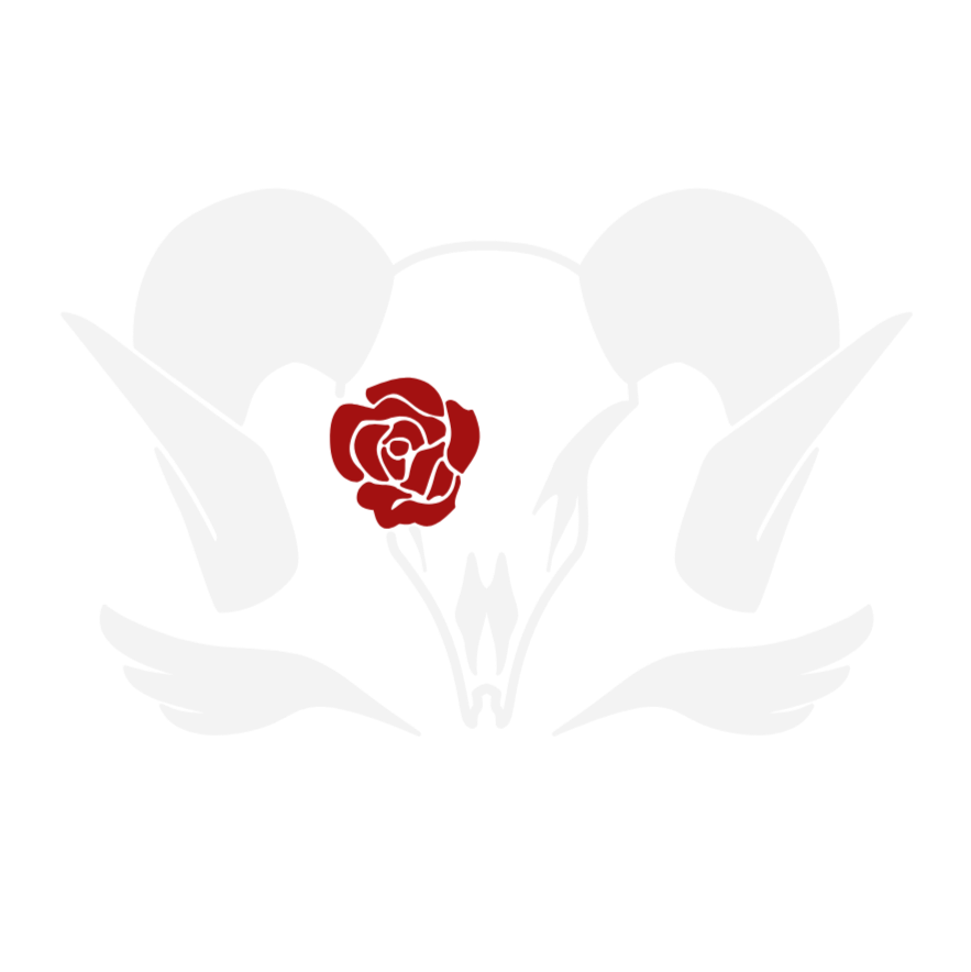 angelrot games logo: white silhouette of a ram's head with a red rose in its right eye socket and a wing logo underneath.