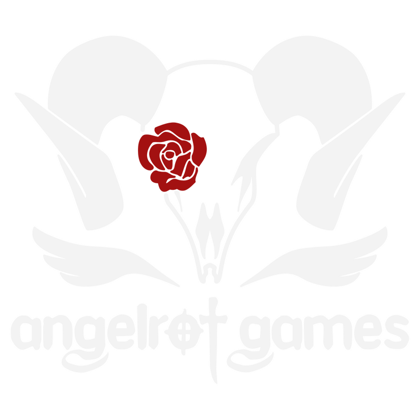 A white silhouette of a ram's head with a red rose in its right eye socket and wings underneath. Below, "angelrot games" is written in gothic-like text.